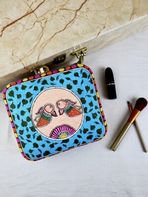 Stunning hand painted blue clutch bag (box) for women