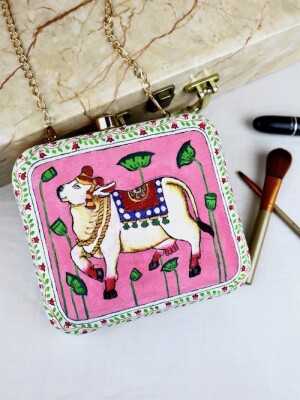 Traditional  hand paint pichwai cow clutch bag (box) for women