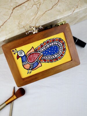 Wooden hand painted peacock design clutch bag (box) for women