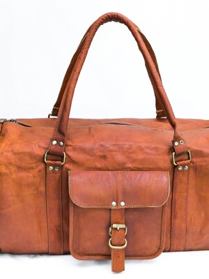 ROUND Travel Duffel Bag Genuine Leather Weekend bag Weekender Overnight Carry-on travel bag Brown