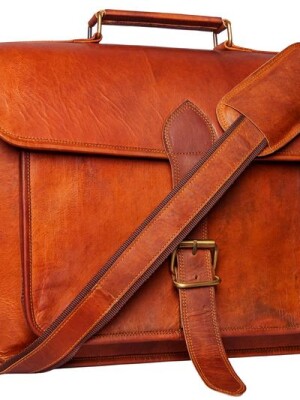 18''Laptop Bags Vintage Leather Messenger Brown Real Laptop Satchel Bag Office Briefcase with big Pocket.