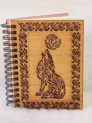 Wolf Wooden Engraved Notebook Gift (8 Inch Multicolor) Notebook, Sketchbook, Spiral Bound, Lined Pages.