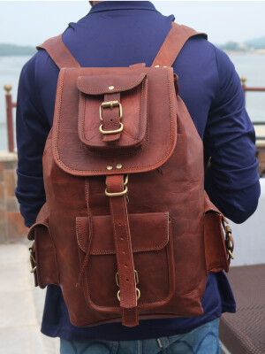 20" Retro travel rucksack backpack brown leather bag College bag for men women.