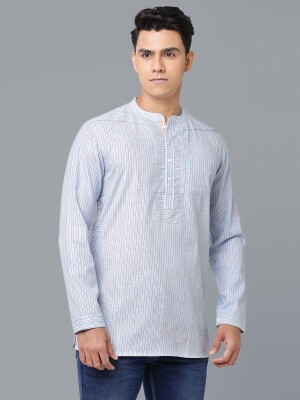 Sky blue linen-cotton with red and navy stripes men short kurta