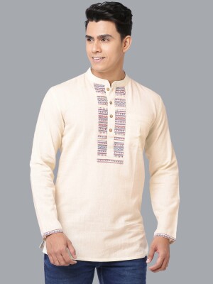 Cream cotton handloom with printed yoke men short kurta