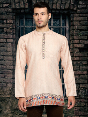 Ivory Pashmina Weave Poly-Cot Digital Printed Men Short Kurta