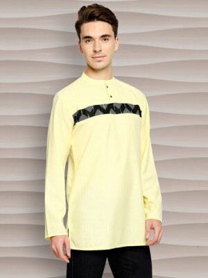 Lemon Yellow Cotton Black Block Printed Embossed Men Short Kurta