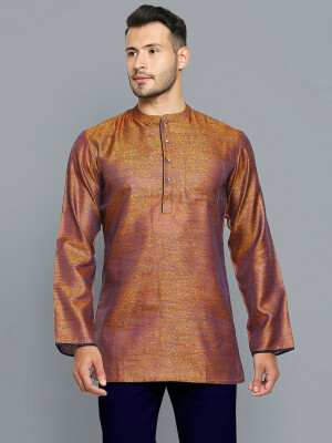 Golden Banarsi With Blue Weave Men Short Kurta , Formal ethnic ,  Poly-cot fabric and Jacquard texture