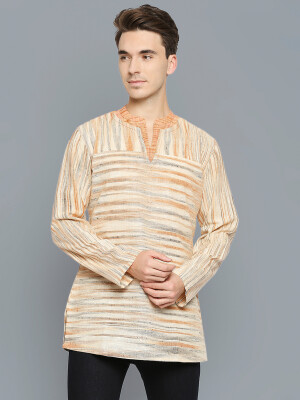 Beige & Orange Stripes Khadi Cotton Hand Loom Men Short Kurta