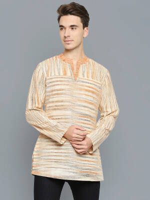 Beige & Orange Stripes Khadi Cotton Hand Loom Men Short Kurta