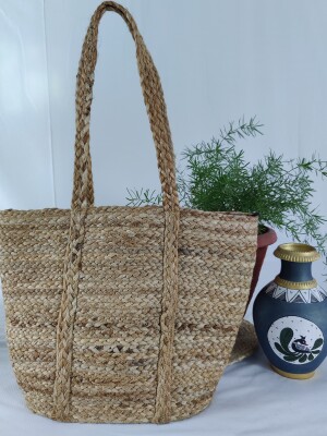 Jugaad Handcrafted  Stylish Natural Braided Jute Shopper Bag with  Rust Cotton lining