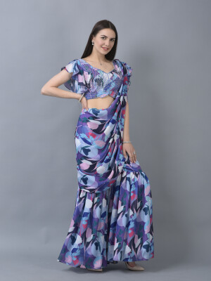 Indo Western Drape Saree Bell Sleeve Blouse with Gharara Drape Saree