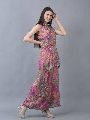 Indo Western Sharara Set Asymetrical Halter Neck Top with Flair Pants