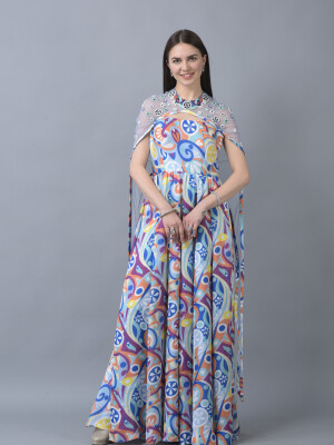 Indo Western Strappy Anarkali with Asymetrical cape,