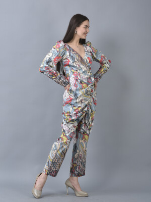 Straight Fit Rouched Top with Pants, Satin Finish Georgette, Regular Fit