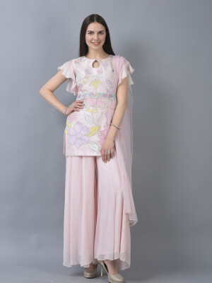 Bell Sleeve Short Kurta with Sharara, Dupata and Waist Belt