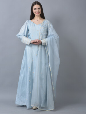 Anarkali with Ruched Sleeve and Dupata, Indian Anarkali with Ruched Sleeve and Dupata