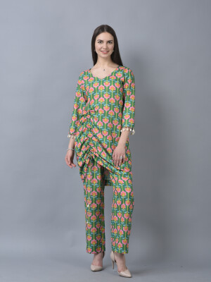 Pure Organic Soft Linen  Contemporary Co-ord Set Straight Fit Ruched Top With Straight Pants- 2 pieces set