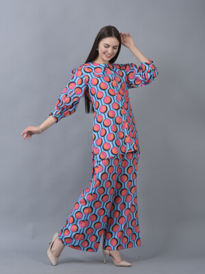 Pure Organic Soft Linen Contemporary Co-ord Set A Collared High Low Shirt with Ruched Sleeves and Loose Fit Pants- 2 pieces