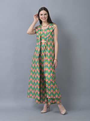 Pure Organic Soft Linen contemporary Co-ord Set Cropped Top With Straight Pants and Long Sleeveless Jacket- 3 Pcs. Set