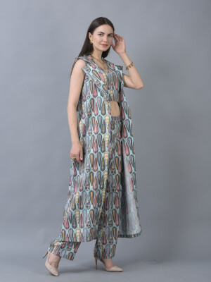Pure Organic Soft Linen contemporary Co-ord Set Cropped Top With Straight Pants and Long Sleeveless Jacket- 3 Pcs. Set
