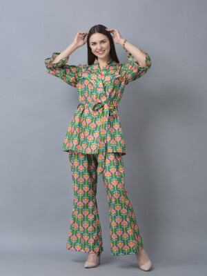 Pure Organic Soft Linen  Contemporary Co-ord Set Warp around Blazer with Puffed Sleeves and Bell  Bottom Pants- 2 pieces set