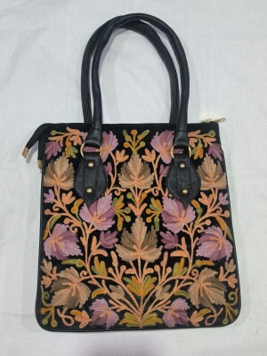 Black sweed leather bag with Kashmiri hand embroidery