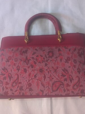 Pink Kashmiri kani bag with leather edges