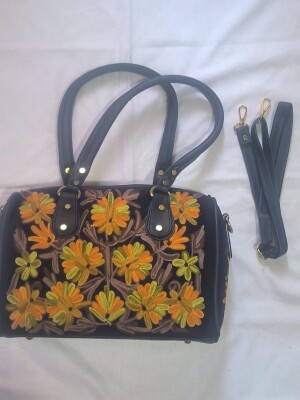 Elegant black sweed dalky leather bag with dual-sided hand embroidery