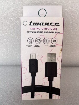 Twance T21B PVC - Type C to USB charging and data sync Cable,