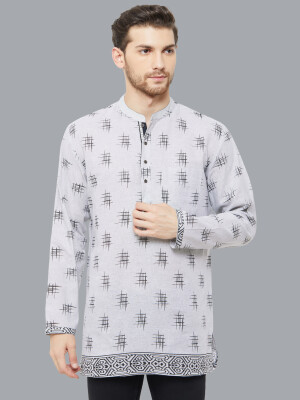 Grey Plain Poly-Cot Hand Block Printed Men Short Kurta