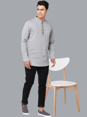 Grey Color Pin Stripes Poly-Cot Textured Men Short Kurta