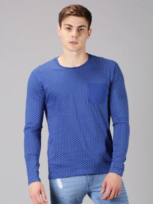 MEN BLUE PRINTED ROUND NECK FULL SLEEVE TSHIRT , 100% Super Combed Cotton and making it suitable for cooler weather