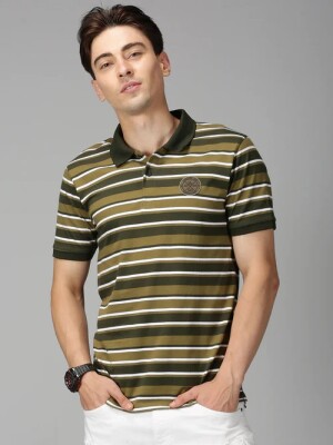 Men Green Striped Polo Neck Tshirt- a timeless and versatile addition to your wardrobe