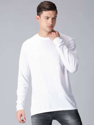 MEN WHITE DOT ROUND NECK FULL SLEEVE TSHIRT , Material: 100% Combed Cotton and full-length sleeves , fabric used is typically soft and breathable