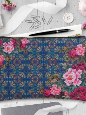 Geometric Design Floral Makeup Pouch