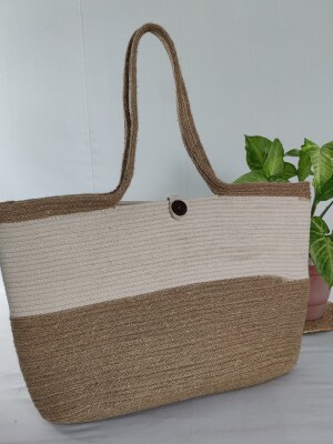 Jugaad Handcrafted Rope Weekend Bag with shoulder strap and Wooden Button Closure for shopping and travelling
