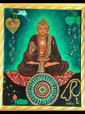 Oil on Canvas art, 20_24", Buddha a spiritual path ,Wooden framed and polished