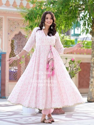 Pure Cotton Full flair anarkali with side beautiful tussles with pant