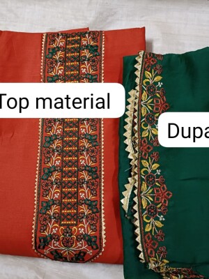 Cotton Dress Material In rust and Green colour with Dupatta
