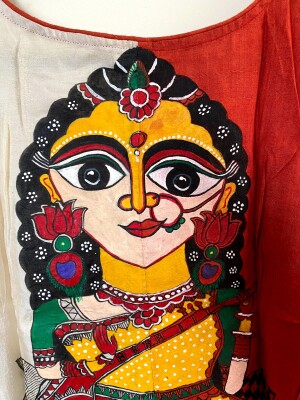 Devi: Tussar silk, Hand-painted Madhubani Art, blouse with inner lining and piping