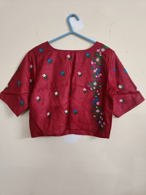 Tussar silk, Hand--embroidered blouse with piping on neck and sleeves, and Lining