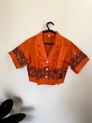 Bhavya: Melon orange, Jacket blouse., Fabric : Tussar cotton/silk, hand woven, Hand-painted Madhubani