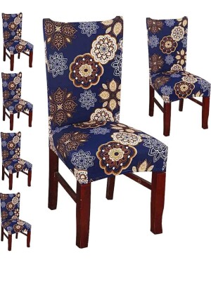 Premium Polyester Spandex Printed Chair Cover Pack of 6 Stretch Removable Washable Short Dining Chair Cover Protector Seat Slipcover(Blue Floral)
