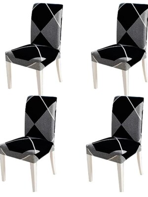 Premium Polyester Spandex Printed Chair Cover Pack of 6, Stretch Removable Washable Short Dining Chair Cover, Protector Seat Slipcover(Black Geo.)
