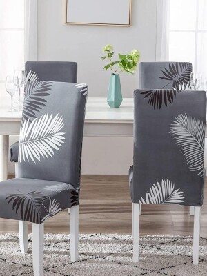 Premium Polyester Spandex Printed Chair Cover Pack of 6 Stretch Removable Washable Short Dining Chair Cover Protector Seat Slipcover(Grey Floral)