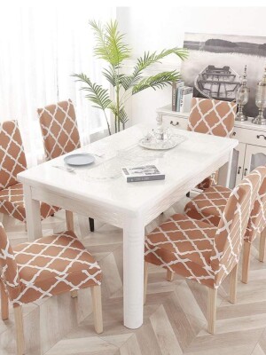 Premium Polyester Spandex Printed Chair Cover Pack of 6 Stretch Removable Washable Short Dining Chair Cover Protector Seat Slipcover(Beige)