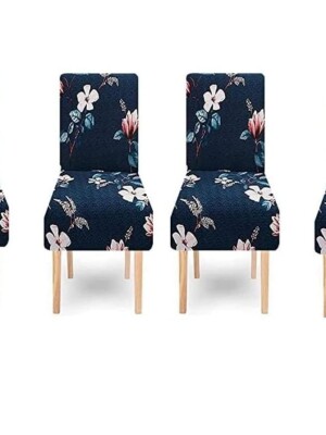 Premium Polyester Spandex Printed Chair Cover Pack of 6 Stretch Removable Washable Short Dining Chair Cover Protector Seat Slipcover(Blue Floral)