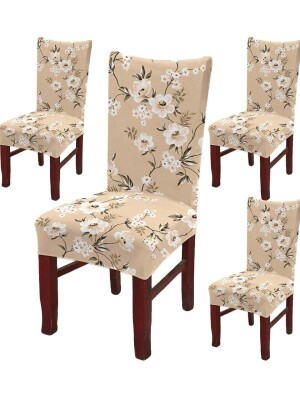 Premium Polyester Spandex Printed Chair Cover Pack of 6, Stretch Removable Washable Short Dining Chair Cover, Protector Seat Slipcover(Beige Floral)