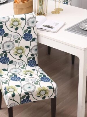 Premium Polyester Spandex Printed Chair Cover Pack of 6 Stretch Removable Washable Short Dining Chair Cover Protector Seat Slipcover(White Floral)